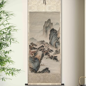 Vintage-retro Chinese landscape painting, Hand-painted, original artwork, 66x132 cm, ink on Xuan paper, handmade vertical hanging scroll