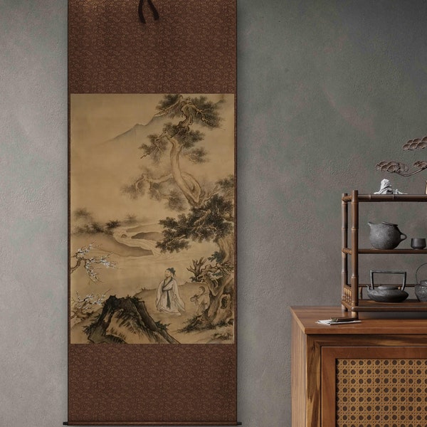 Chinese vintage-retro literati landscape painting, Hand-painted replica of Ma Yuan, Shan shui scroll, ink on vintage Xuan paper, 43x66 cm