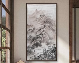 Authentic Chinese ink wash painting, Secluded Tranquility Amidst the Mountains, ink brush painting, large vertical original hand-painted