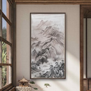Authentic Chinese ink wash painting, Secluded Tranquility Amidst the Mountains, ink brush painting, large vertical original hand-painted
