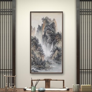 Mountain Peaks Bathed in Rosy Glow, ink brush painting, Chinese ink wash painting, Feng shui mountain painting, hand-painted, unframed,