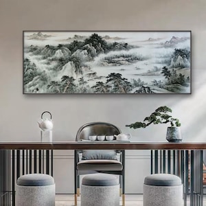 Poetic Shan shui painting, hand-painted Chinese Landscape Painting, Large Wide ink brush painting, pavilion dwelling in mountains and rivers