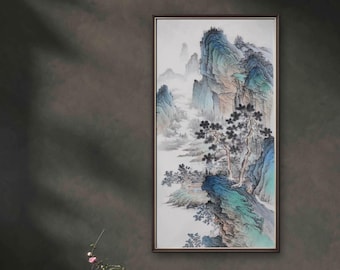 Mountain landscape painting, Chinese painting, original Chinese brush painting, blue-green Shan shui painting, large vertical, 68x136 cm