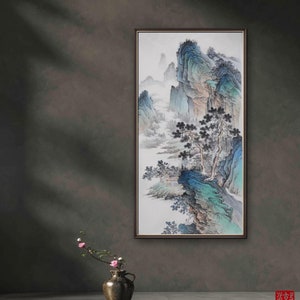 Mountain landscape painting, Chinese painting, original Chinese brush painting, blue-green Shan shui painting, large vertical, 68x136 cm
