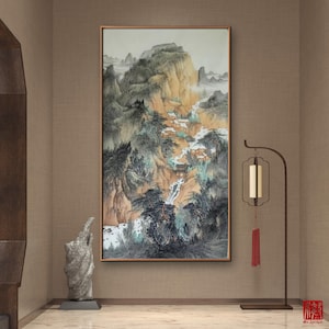 Authentic Chinese ink wash painting, East Asian brush painting, Mountain Peaks Bathed in Rosy Glow, large vertical original hand-painted