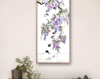 Original Chinese Painting of Wisteria and Swallows | Hand-Painted Vertical Ink Wash Art | Spring Wall Scroll Decor on Xuan Paper | 68x136cm
