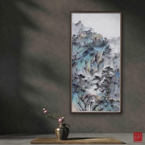 Dwelling on peak, Hand-painted Chinese traditional landscape painting, Original Chinese brush painting, color ink on Xuan paper, large scale