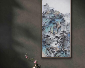 Dwelling on peak, Hand-painted Chinese traditional landscape painting, Original Chinese brush painting, color ink on Xuan paper, large scale