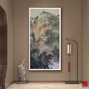 Authentic Chinese ink wash painting, Chinese ink brush painting, Mountain Peaks Bathed in Rosy Glow, large vertical original hand-painted
