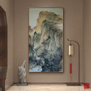 Majestic mountain range, Feng Shui painting, towering mountains, Authentic Chinese ink brush painting,  large vertical original hand-painted