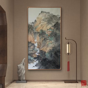 Authentic Chinese ink wash painting, ink brush painting, Mountain Peaks Bathed in Rosy Glow, large vertical original hand-painted