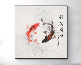手描きの鯉のアート、オリジナルの中国の水彩画の鯉の絵、フリーハンド