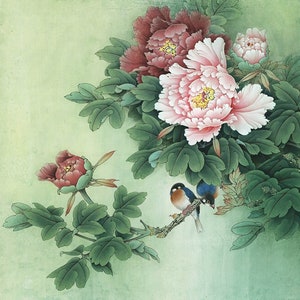 Peonie dipinte a mano e arte degli uccelli, pittura floreale Gongbi cinese, pittura pennello botanico originale, arte peonia quadrata, arte floreale acquerello