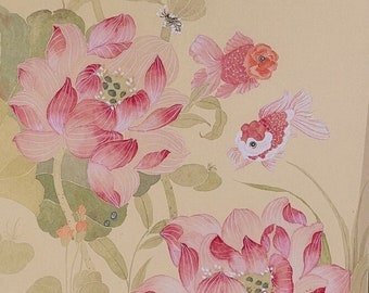 Lionhead Goldfish and Pink lotus, original watercolor painting, hand-painted, Gongbi/ Mogu lotus pond, color on thick Xuan paper, 33x65 cm