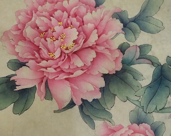 Moonow7 Chinese Peony Ink Painting Wall Art – Unframed 18x24 Inch, Traditional Brushwork Print