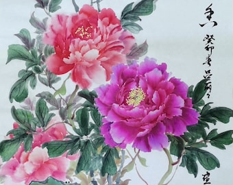 Chinese Mudan peony brush painting, vertical 50x100 cm, 100% Hand-painted, Color on Xuan paper, Original watercolor pink peonies painting