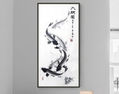 100 Hand-Painted Koi fish art, Koi sumi e, vertical freehand style Asian painting, tea room wall art, Fengshui painting, sumi koi artwork
