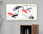 100 Hand-Painted Koi fish art, Koi sumi e, horizontal freehand style Asian painting, studio wall art, Feng shui painting, sumi koi artwork