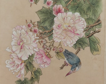 Hibiscus and kingfisher, Original painting, hand-painted, Chinese meticulous bird and flower painting, color on cooked paper, 30.5x45 cm