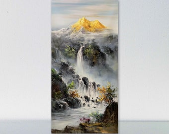 Godden mountain, oil painting,  original hand-painted, mountain and waterfall art, modern impressionism, large vertical 60x120 cm, unframed