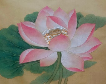 Pink lotus out of water, color on silk, silk painting, original hand-painted, Chinese meticulous painting, watercolor lotus art, 40x40 cm