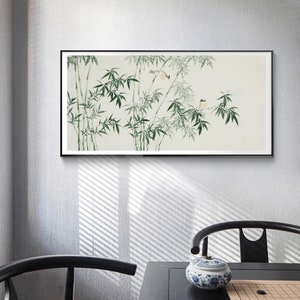 Hand-Painted Bamboo Fine Art, Ink brush bamboo painting, Chinese in wash bamboo art, East Asian original bamboo painting, horizontal