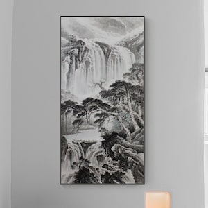 Large vertical Hand-painted Chinese Shan Shui painting, ink wash mountains and waters painting, original ink and brush waterfalls painting,