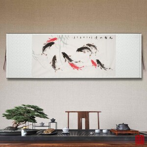 Ink wash koi fish painting, original Chinese brush painting, large horizontal hand-painted koi fish pond, Feng shui nine koi fish, 53x26 HK image 3