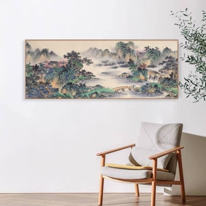 Hand-painted Chinese brush painting, elegant light color mountain Landscape artwork, original Chinese landscape painting, Shan shui painting