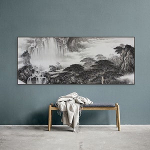 Authentic Hand-painted Feng shui brush art, original Shanshui painting, horizontal Chinese Landscape art, mountains pine tree and waterfalls