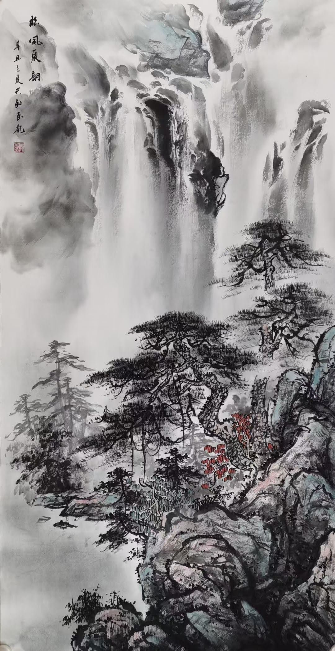 【原画】水墨画 松と山の景色 額縁付き 和風アート 一点物 松瀑图, Spectacular Pine Tree and Waterfalls Chinese