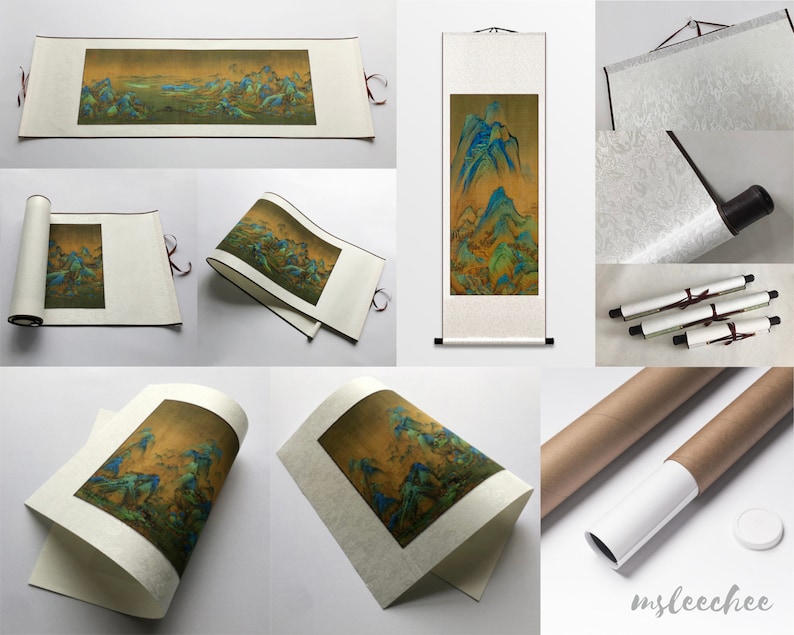 Puede incluir: Una pintura tradicional china en rollo que representa una escena de paisaje con monta&ntilde;as, &aacute;rboles y agua. La pintura est&aacute; realizada en tonos azules, verdes y dorados sobre un fondo blanco. El rollo est&aacute; enrollado y atado con una cinta roja.