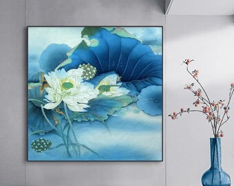 Hand-painted lotus art, white lotus blossoms art, original painting, East Asian watercolor lotus art, Chinese Gongbi lotus painting
