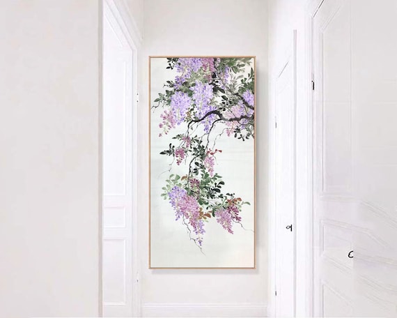 Hand-painted purple wisteria blossoms, Original wisteria flowers brush painting unframed, Large watercolor painting, vibrant botanical art