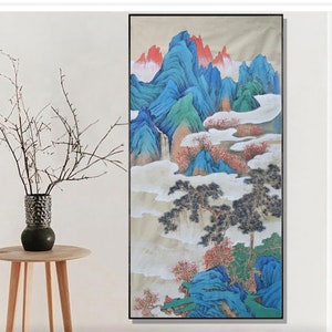 Hand-Painted Royal style vibrant colored Chinese landscape painting, Original imperial style blue mountain art, premium fine-brush painting