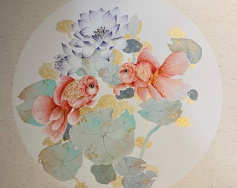 goldfish and water lily, Original hand-painted, watercolor painting, round shape wall art, color on thick Xuan paper, diameter 33 cm