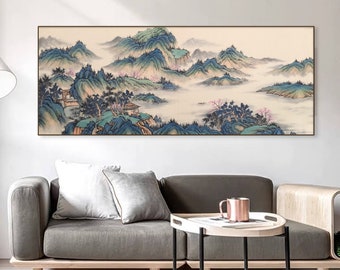 Authentic hand-painted Chinese Landscape painting, Original ink wash painting, Asian ink brush mountains art, East Asian Feng Shui painting