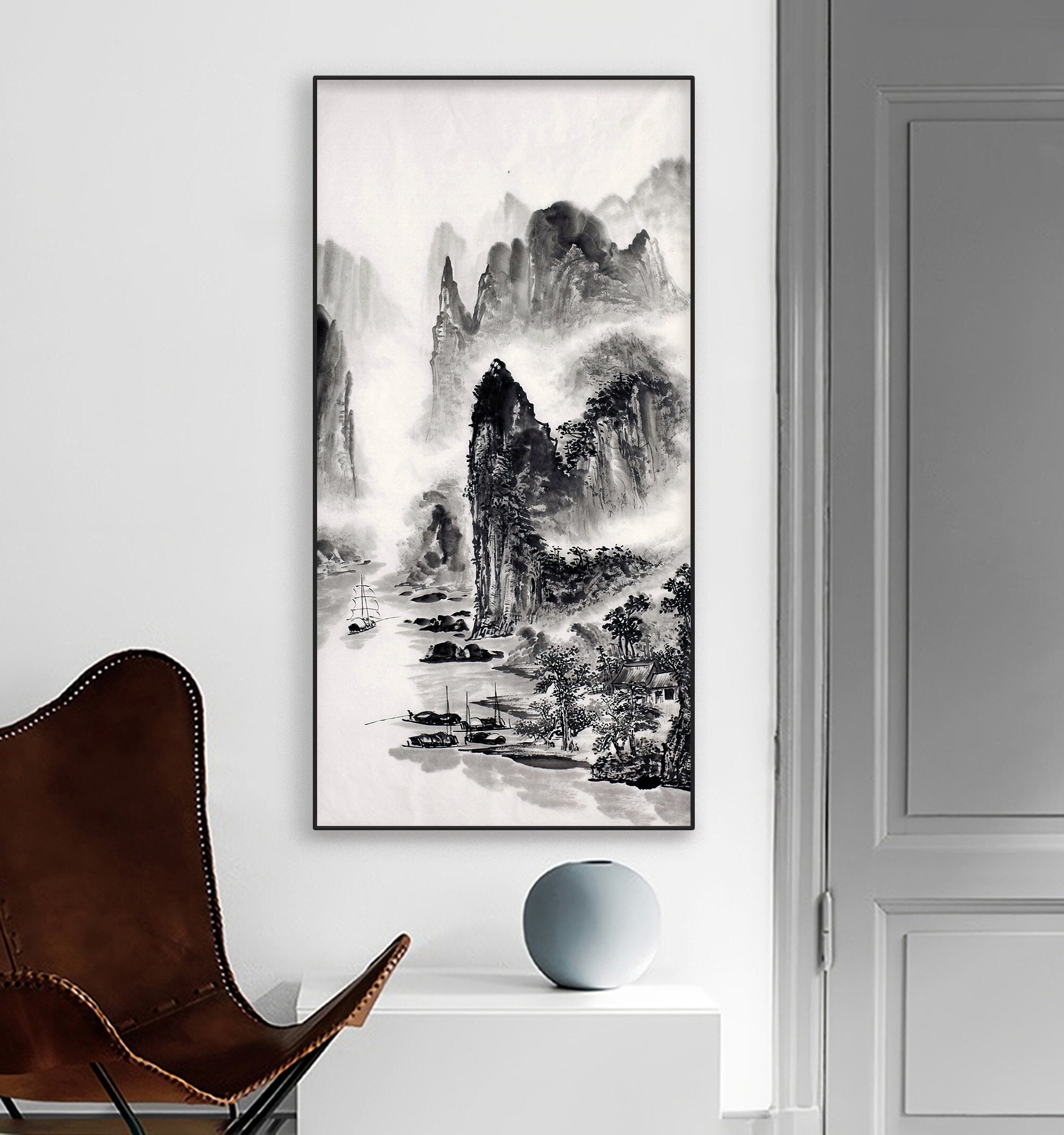 Minimal Abstract Ink Wash Painting, Original Vertical Chinese Shan