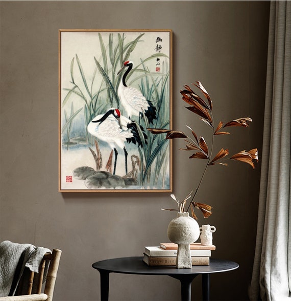 Original created cranes brush painting, Hand-painted Chinese cranes/Japanese cranes, vertical long hand made silk hanging scroll, 45x69 cm