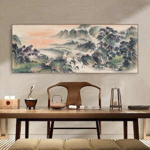 Hand-painted antique taste Chinese landscape painting, Original Chinese brush painting,  East Asian ink wash mountains and waters painting