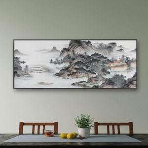 Floating boat and mild mountains art, Original Chinese landscape decoration painting, large horizontal  hand-painted Shan shui painting