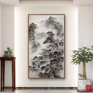Mysterious ancient temple surrounded by pine trees, authentic ink wash painting, Shuimo painting, ink brush painting, original hand-painted