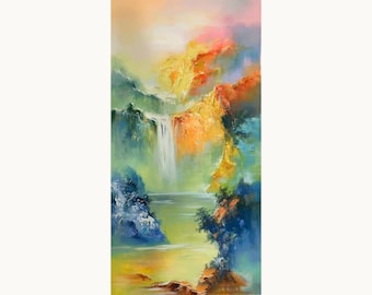 Fantasy mountain and waterfall painting, Chinese modern impressionism, original hand-painted oil painting, vertical landscape art 60x120 cm