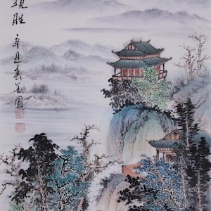 May include: A traditional Chinese ink and wash painting depicting a misty mountain landscape with a two-story pagoda perched on a cliff. The painting features a delicate balance of light and dark tones, with soft washes of gray and blue creating a sense of depth and atmosphere. The text in the upper left corner reads "香 身 覺 月 生", which translates to "Fragrant Body Awakens the Moon's Birth."