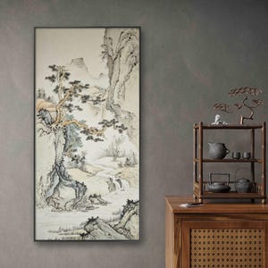 Large Vertical Chinese Landscape Painting on Xuan Paper, Hand-Painted Gongbi Style, authentic Mountain Waterfall Pine Artwork, 59x120 cm