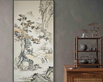 Large Vertical Chinese Landscape Painting on Xuan Paper, Hand-Painted Gongbi Style, authentic Mountain Waterfall Pine Artwork, 59x120 cm