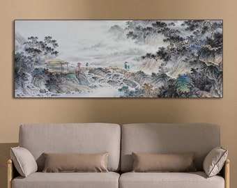 May include: A watercolor painting depicting a misty mountain landscape with a small bridge and a pavilion. The painting features shades of blue, green, and gray, creating a serene and tranquil atmosphere.