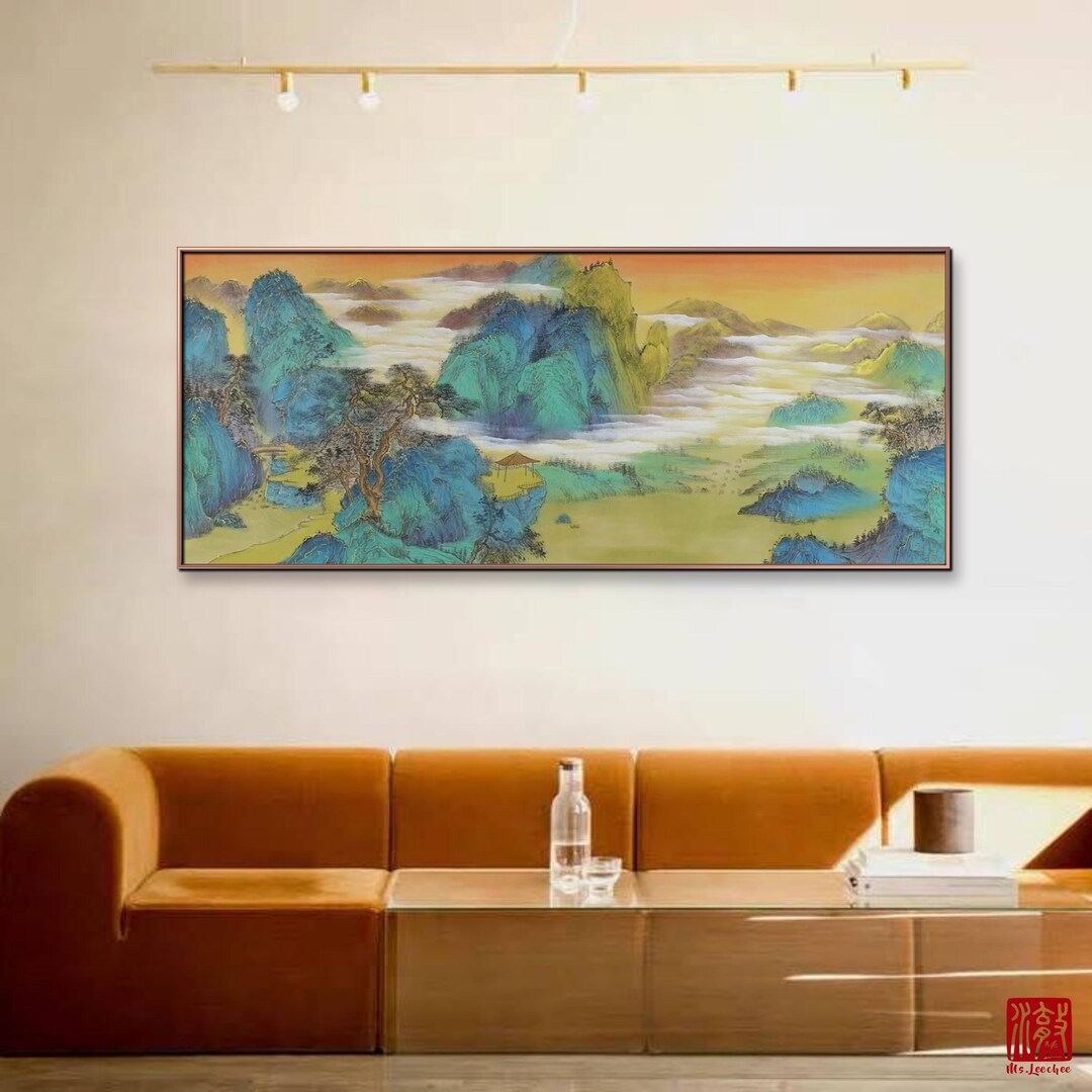 絵画　風景画　特大　幅約138cm×高さ約77cm Emerald Peaks Chinese Landscape Painting | Color Ink on Xuan Paper