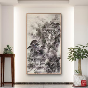 Mysterious ancient temple, authentic ink wash painting, Shuimo art, ink brush painting, original hand-painted Asian ancient architecture