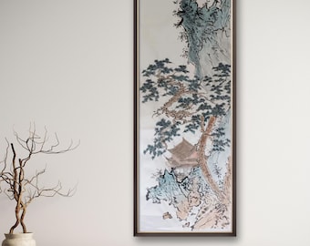 Pine Pavilion in the Mist – Hand Painted Ink Color on Xuan Paper, authentic Chinese inn brush painting, Original Vertical narrow 44.5x136 cm